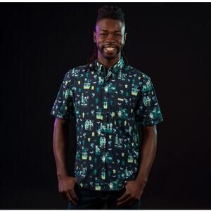 RSVLTS Men's Casual Button Down Shirt - Black with Blue and Green Accents